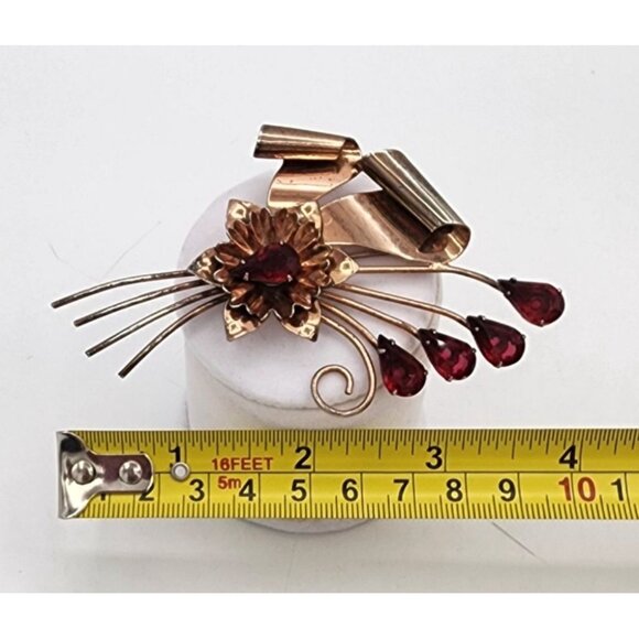 Vintage Sterling Silver with Rose Gold Vermeil Plum Rhinestone Floral Brooch 40s - Picture 8 of 12